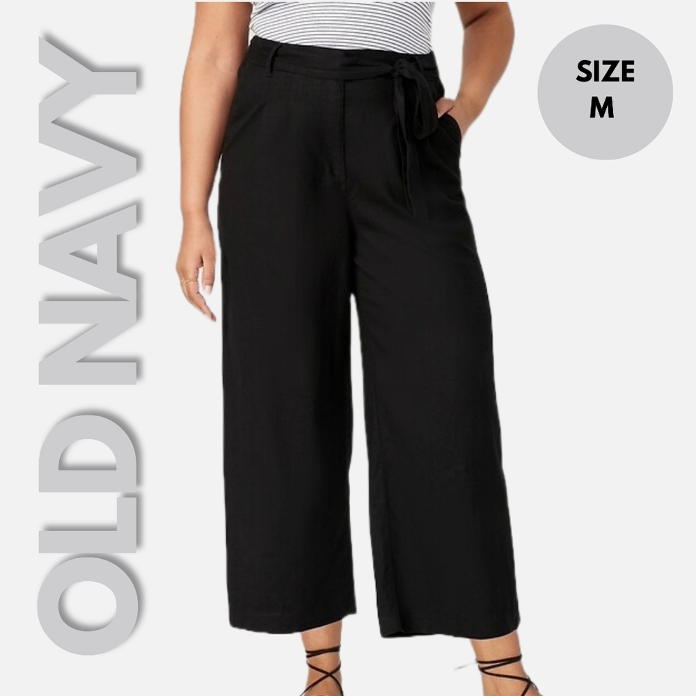 NWT Old Navy Black High-Waisted Linen Belted Cropped Wide-Leg Pants Size M
